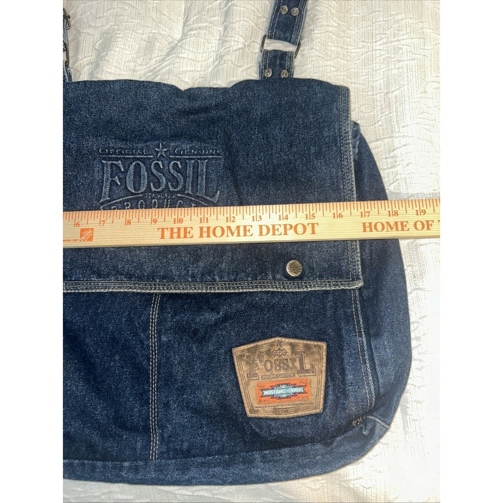 Vintage Y2K Fossil Denim Shoulder Bag Purse Messenger Tote Patch Dark Wash - Picture 10 of 11